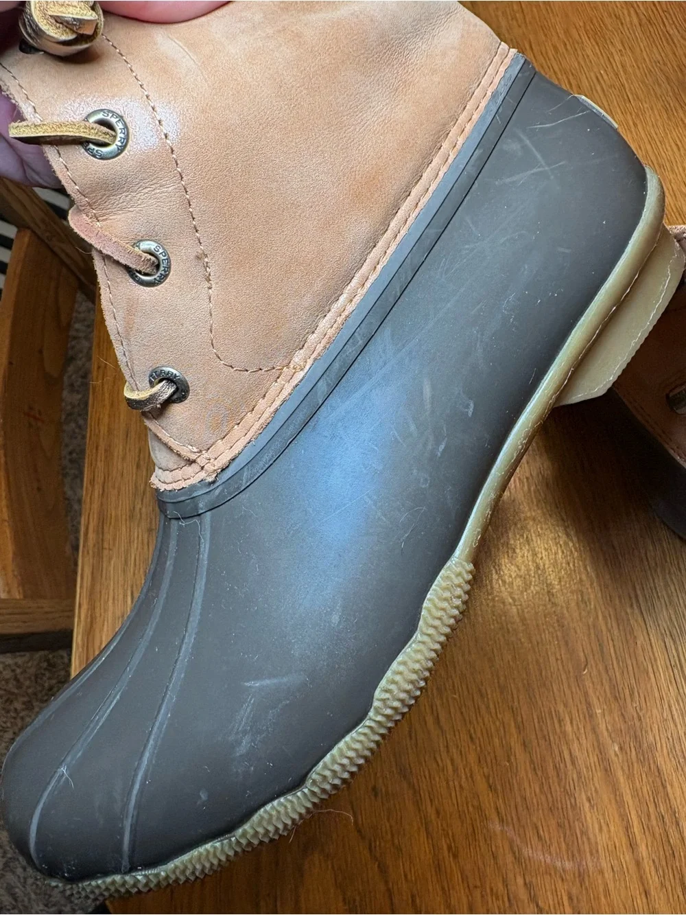 Sperry Saltwater Duck Boots Tan Leather Dark Brown Waterproof Rain Boots Size 8